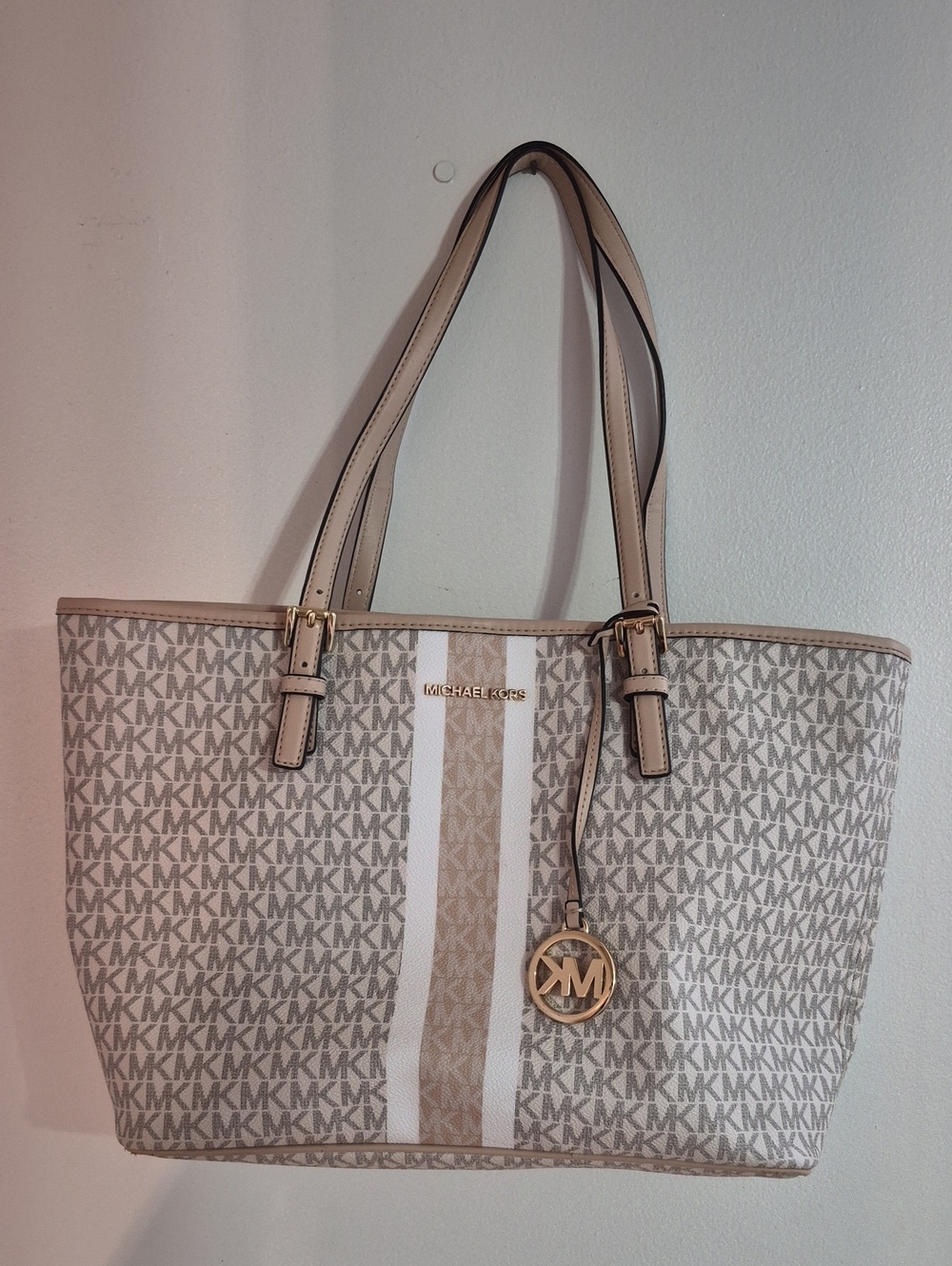 Michael Kors Beige and White MK Monogram Stripe Tote